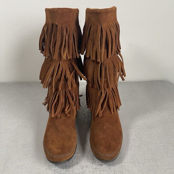 Minnetonka 3-Layer Fringe Suede Leather Moccasin Boots Size 8 Brown Boho Comfy - Picture 2 of 12